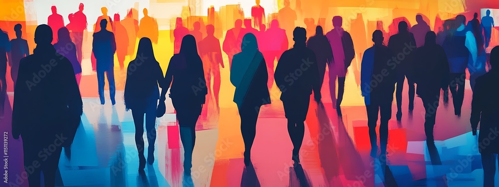Poster crowd of people walking in colorful abstract.