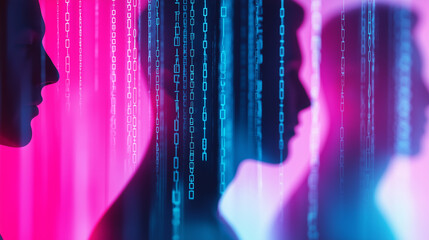 Double exposure of a woman's profile with pink and blue digital data streams, symbolizing technology and identity.