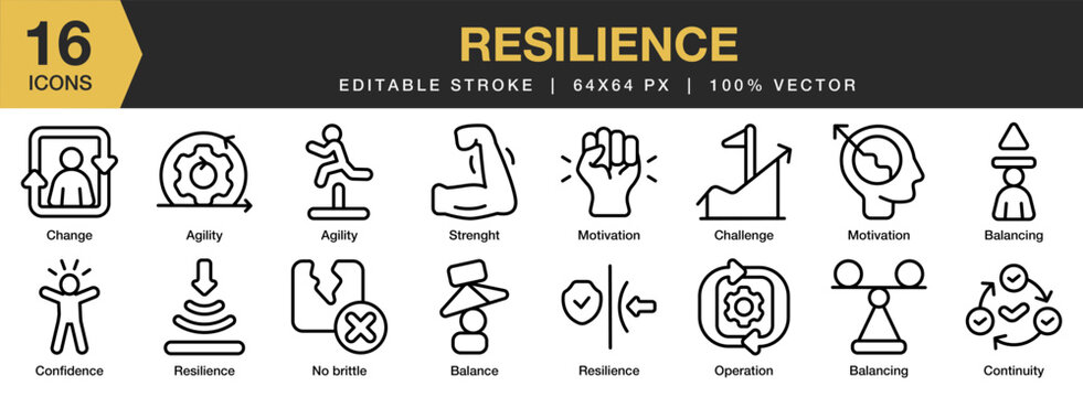 Resilience icon set. Editable Stroke Icon Collection. Includes Resilience, Strenght, Skills, Recovery, Flexibility, Pressure, and More. Outline icons vector collection.