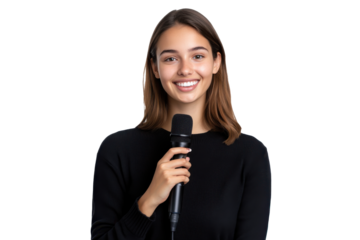 Smiling woman in a black outfit holding a microphone isolated on a transparent background