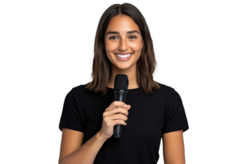 Smiling woman in a black outfit holding a microphone isolated on a transparent background