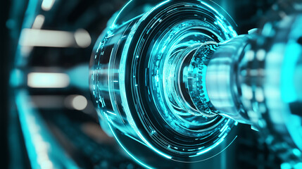 Futuristic glowing turbine-like mechanism with vibrant blue and red lights, symbolizing advanced technology and innovation.