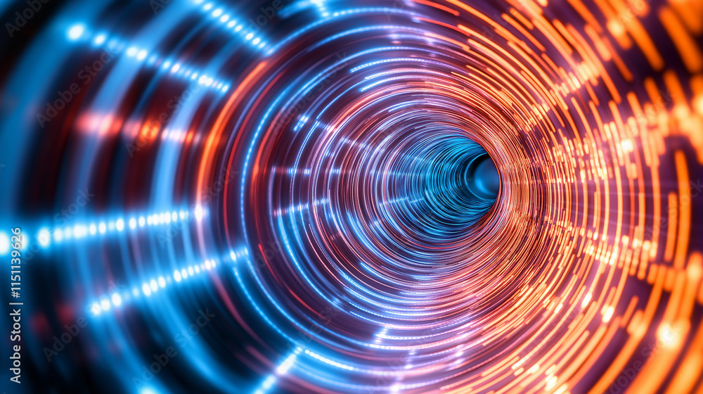 Poster abstract glowing tunnel of blue and orange dots in a spiral motion, creating a futuristic and dynami