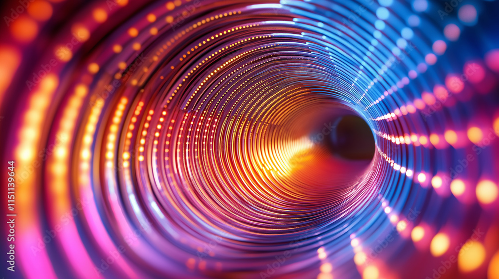 Poster abstract glowing tunnel of blue and orange dots in a spiral motion, creating a futuristic and dynami