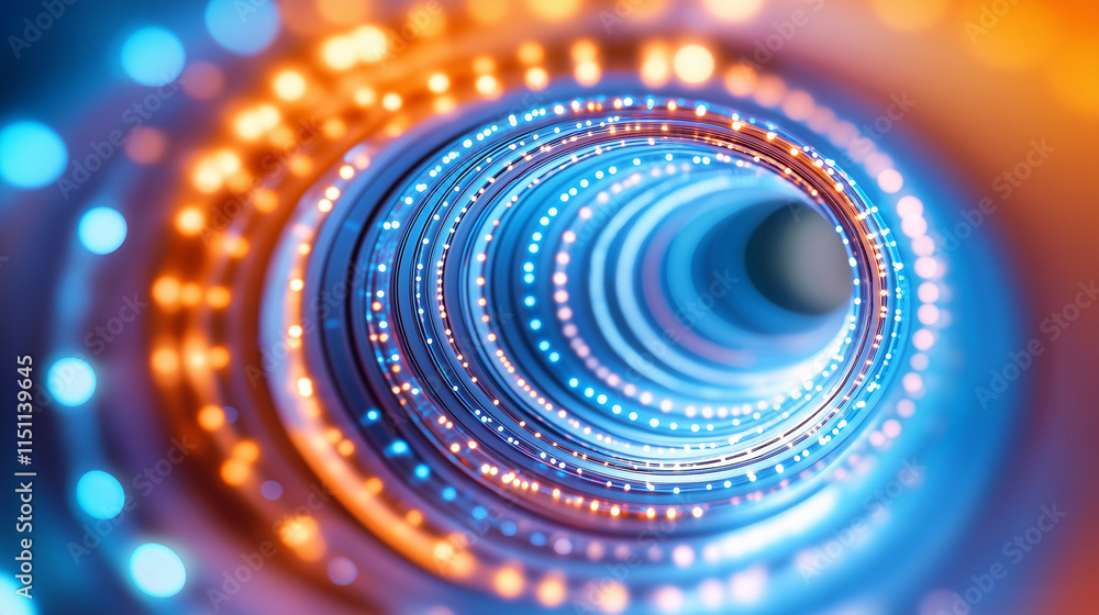 Poster abstract glowing tunnel of blue and orange dots in a spiral motion, creating a futuristic and dynami