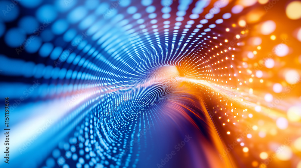 Poster abstract glowing tunnel of blue and orange dots in a spiral motion, creating a futuristic and dynami