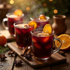 Aromatic Mulled Wine with Spices and Citrus in Festive Holiday Atmosphere