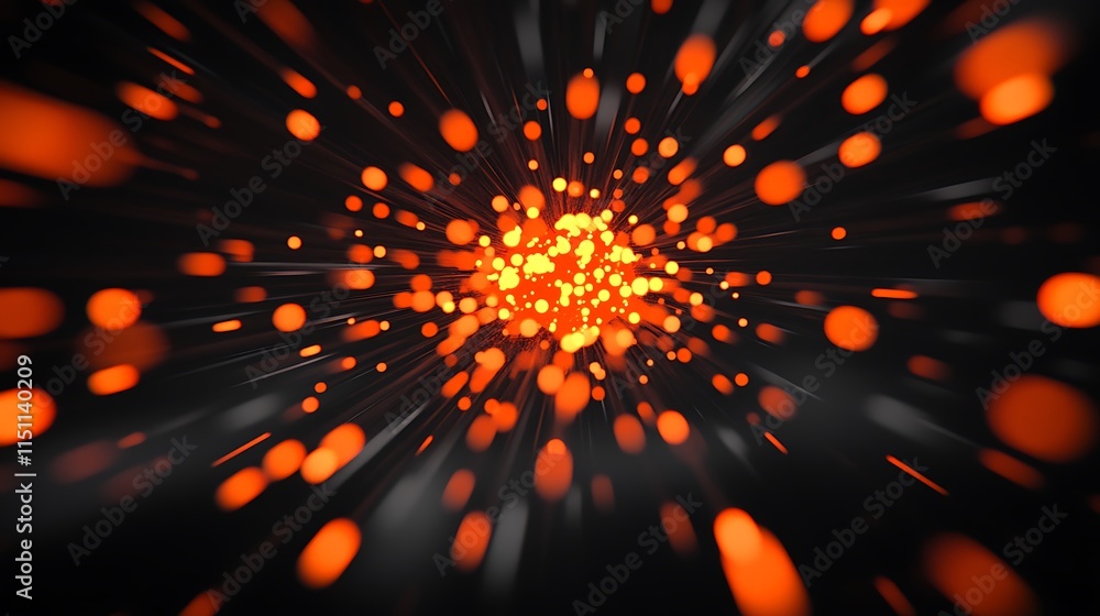 Poster Orange particles exploding from center on black background.