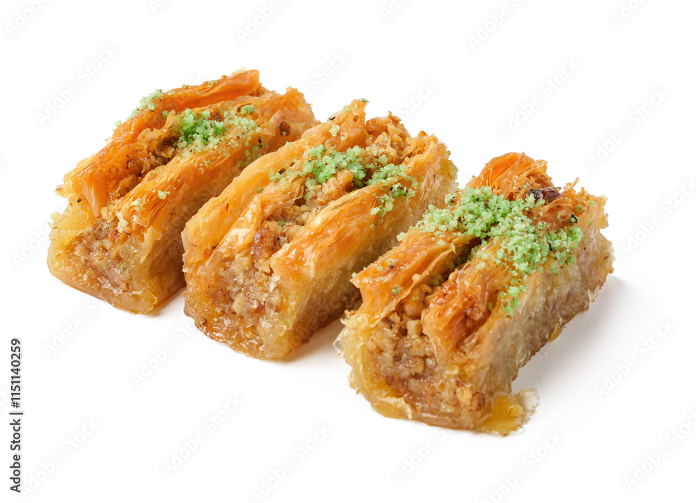 Poster delicious layers of baklava drizzled with syrup and topped with pistachios on a minimalist backgroun
