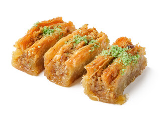 Delicious layers of baklava drizzled with syrup and topped with pistachios on a minimalist background