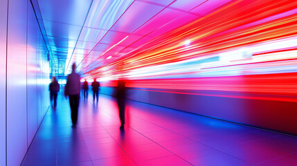 Abstract urban scene with motion blur of people and red and blue lights, creating a dynamic city nightlife atmosphere.