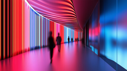 Abstract urban scene with motion blur of people and red and blue lights, creating a dynamic city nightlife atmosphere.