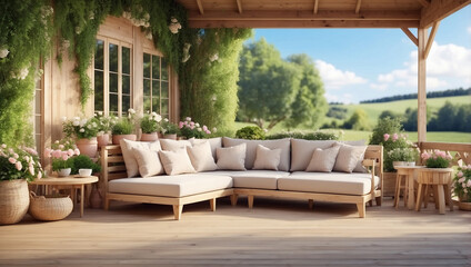 Fototapeta premium Stylish Garden Lounge with Outdoor Furniture and Countryside View for Relaxation