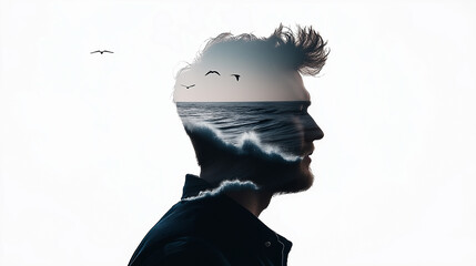 A contemplative double exposure of a man's profile with an ocean horizon and birds.