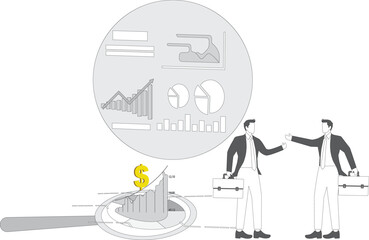 Businessman stand in front of a magnifying glass and analyze arrows that change trends, market and marketing analysis, business investment forecasting and analysis, business optimization or improvemen