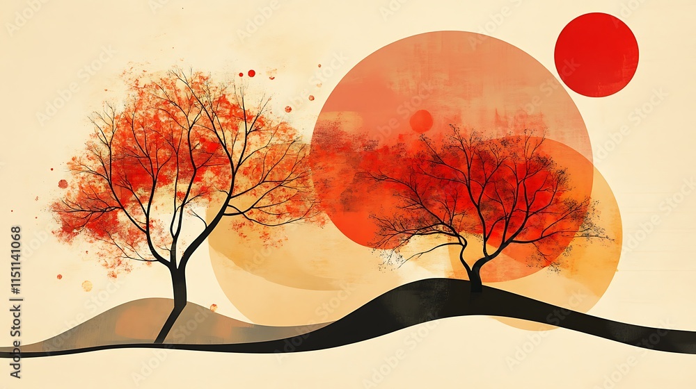 Poster Two red trees on a hill with abstract circles.