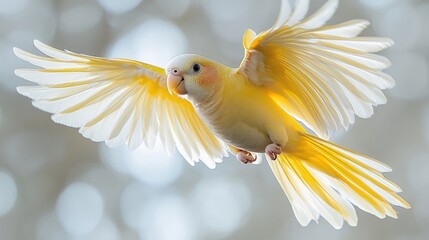 Fototapeta premium Yellow parrot in flight, wings spread wide, bokeh background.