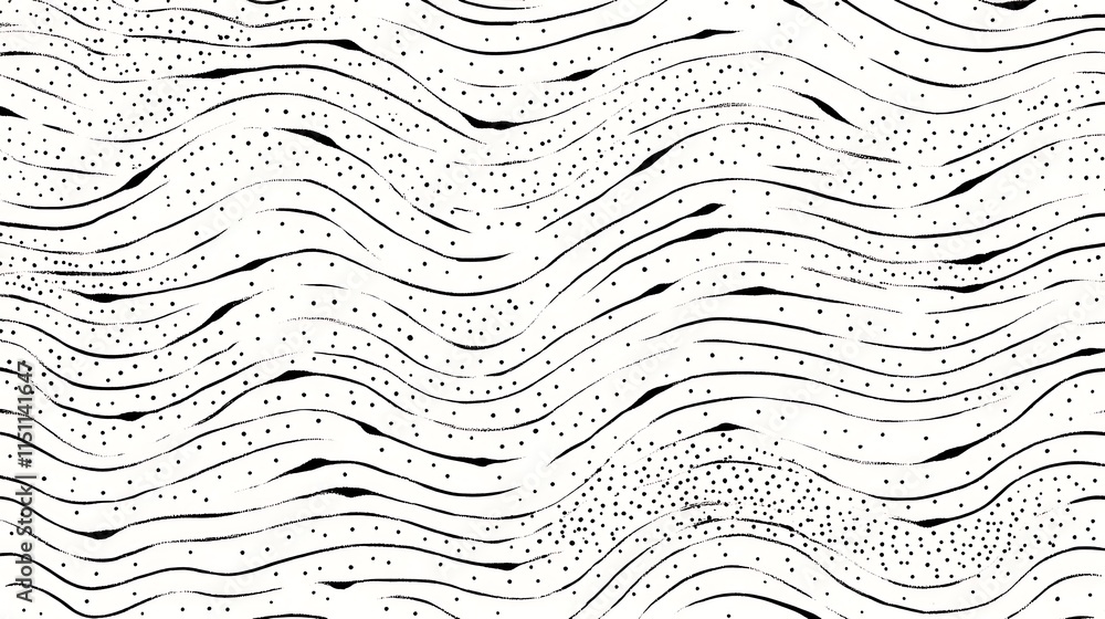 Poster black and white wavy lines and dots pattern.