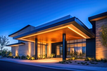 Sleek modern facade with a glowing entrance and streamlined roof overhangs in a nighttime setting.
