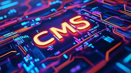 Glowing "CMS" text on a futuristic circuit board background, symbolizing technology and content management systems.