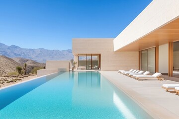 Fototapeta premium Modern minimalistic villa with panoramic views, featuring an infinity pool and luxurious outdoor space in a desert landscape under clear blue skies.