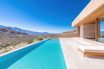 Fototapeta premium Modern Architectural House with Infinity Pool Overlooking Scenic Mountain Landscape and Clear Blue Sky in Desert Setting