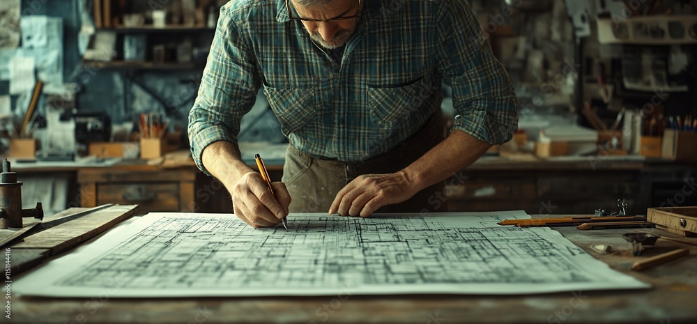 Poster a man sketches architectural plans on a large sheet in a workshop.