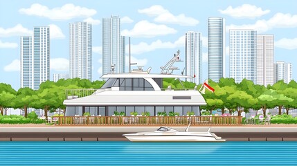 Luxury yacht sailing by city skyline urban waterfront digital art bright day scenic view