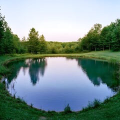 Obraz premium A tranquil pond reflecting the surrounding lush green forest on a calm day.
