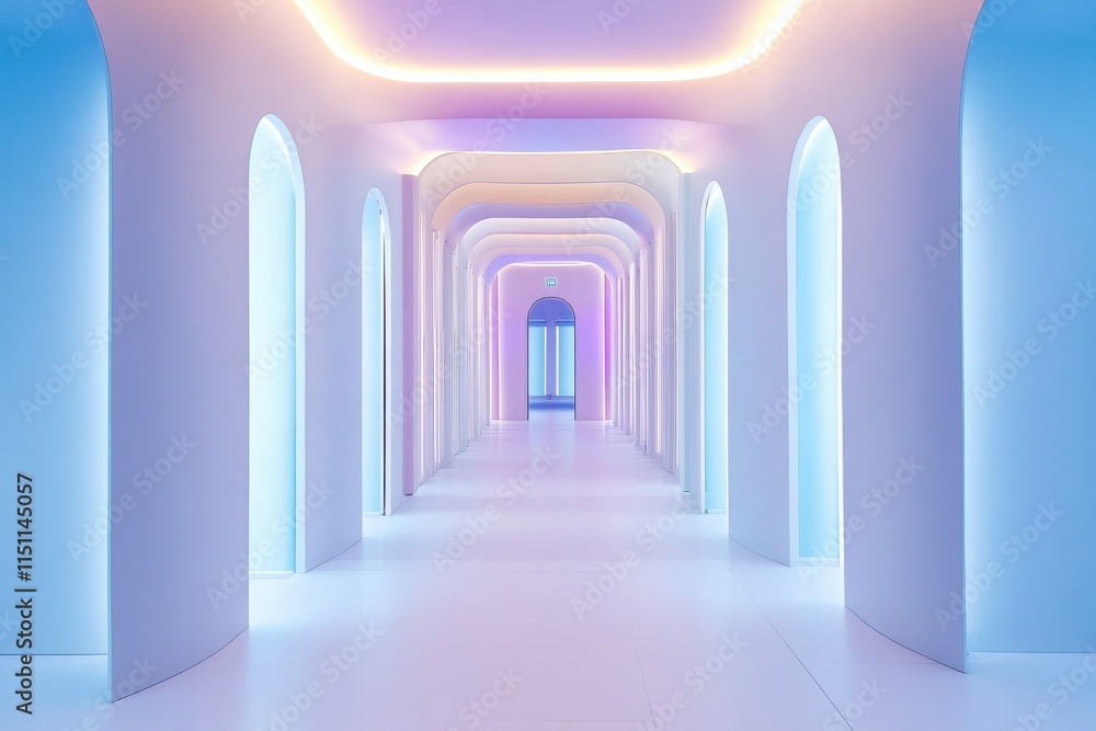 Poster serene and ethereal indoor passageway with soft neon lights and arched doorways creating a dreamlike