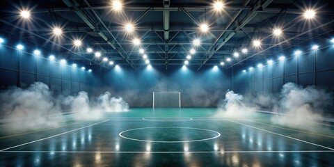 Empty futsal field with artificial lights and smoke, futsal, field, artificial lights, smoke, empty, sports