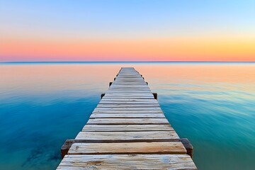 Obraz premium A tranquil wooden pier stretches into a calm body of water at sunrise.