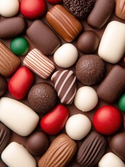 Obraz premium Assorted colorful chocolates and candies creating a tempting pattern of sweetness and variety, perfect for dessert lovers.