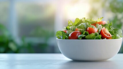 Fresh garden salad in a white bowl with cherry tomatoes and greens, bathed in natural sunlight, perfect for healthy eating concepts.