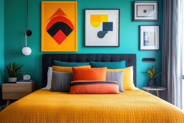 Vibrant Modern Bedroom Decor with Colorful Artwork and Cozy Textiles on a Stylish Bed Against a Teal Wall in Contemporary Interior Design