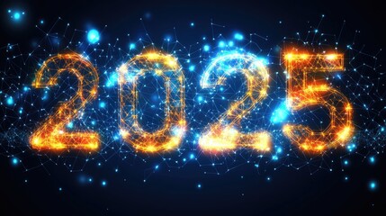 Abstract "2025" Happy New Year digital banner background. Futuristic glowing polygonal style on blue