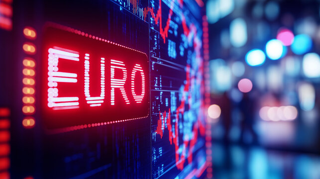 Glowing red "Euro" text on a futuristic digital display with a blurred cityscape in the background.