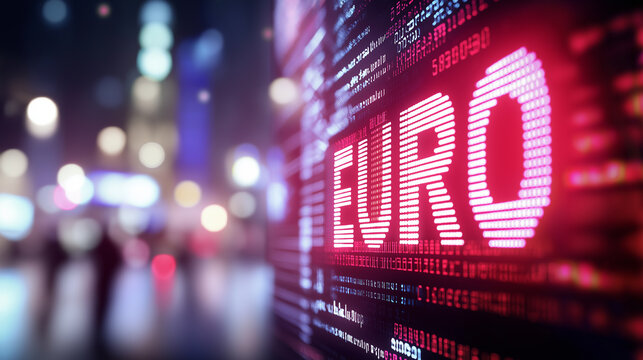 Glowing red "Euro" text on a futuristic digital display with a blurred cityscape in the background.
