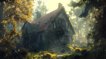 Enchanting abandoned cottage enchanted forest nature photography misty atmosphere serene viewpoint
