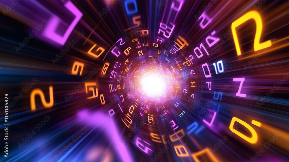 Poster bright vortex of neon numbers and symbols creating a digital tunnel effect with glowing, futuristic 