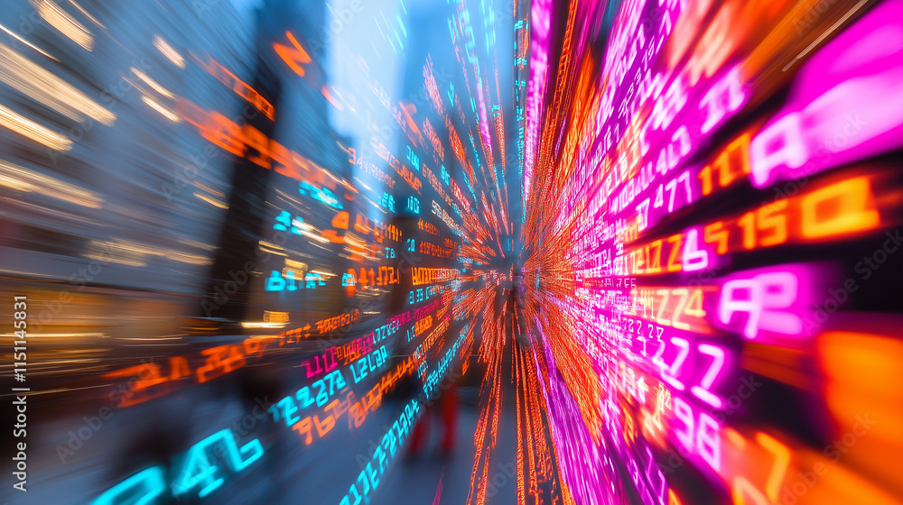 Poster bright vortex of neon numbers and symbols creating a digital tunnel effect with glowing, futuristic 