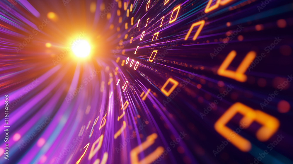 Poster bright vortex of neon numbers and symbols creating a digital tunnel effect with glowing, futuristic 