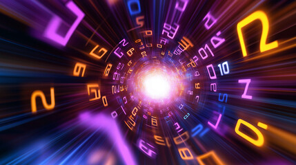 Bright vortex of neon numbers and symbols creating a digital tunnel effect with glowing, futuristic colors.
