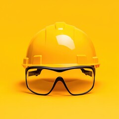 Naklejka premium Yellow safety helmet and goggles on vibrant yellow background, symbolizing construction, protection, and industrial safety.