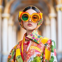 Obraz premium Vibrant Fashion Portrait of a Stylish Model in Bold Sunglasses Against a Beautifully Designed Architectural Background Emphasizing Color and Texture