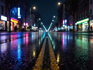 Obraz premium Vibrant City Street at Night with Neon Reflections on Wet Pavement, Urban Nightlife Scene, Ideal for Cityscapes, Street Photography, Travel Marketing, Modern Nightlife Promotions