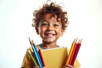 A 5 year old boy with school supplies with a happy expression, isolated on plain white background