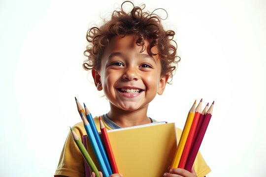 A 5 year old boy with school supplies with a happy expression, isolated on plain white background