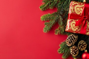 Festive holiday gift with pine cones and ornaments on red background.
