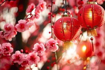 Obraz premium Festive red lanterns amid blossoming cherry blossoms celebrating chinese new year.
